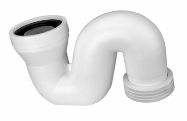 Weißer WC-Anschlusssiphon DN 100 aus Kunststoff mit S-förmiger Rohrführung, mit Steckmuffe und mit geradem Anschlussstück zur Verbindung von Toilette und Abwasserleitung